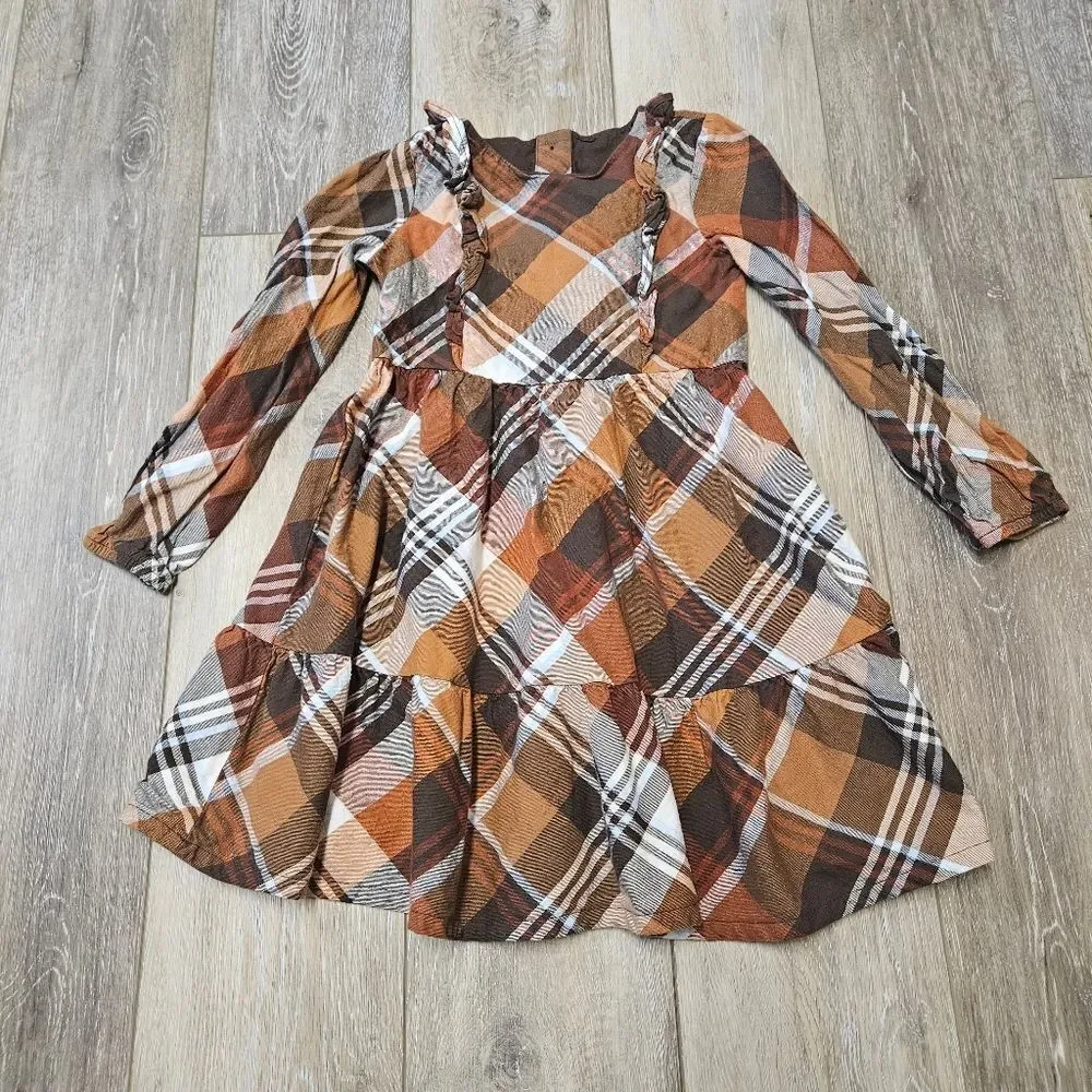 Gymboree Dip 2 Dress Bundle Plaid Ruffles Long Sleeve Girls Toddlers 4T Brown